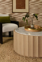Worlds Away Round Coffee Table With Fluted Detail In Cerused Oak With White Carrara Marble Top