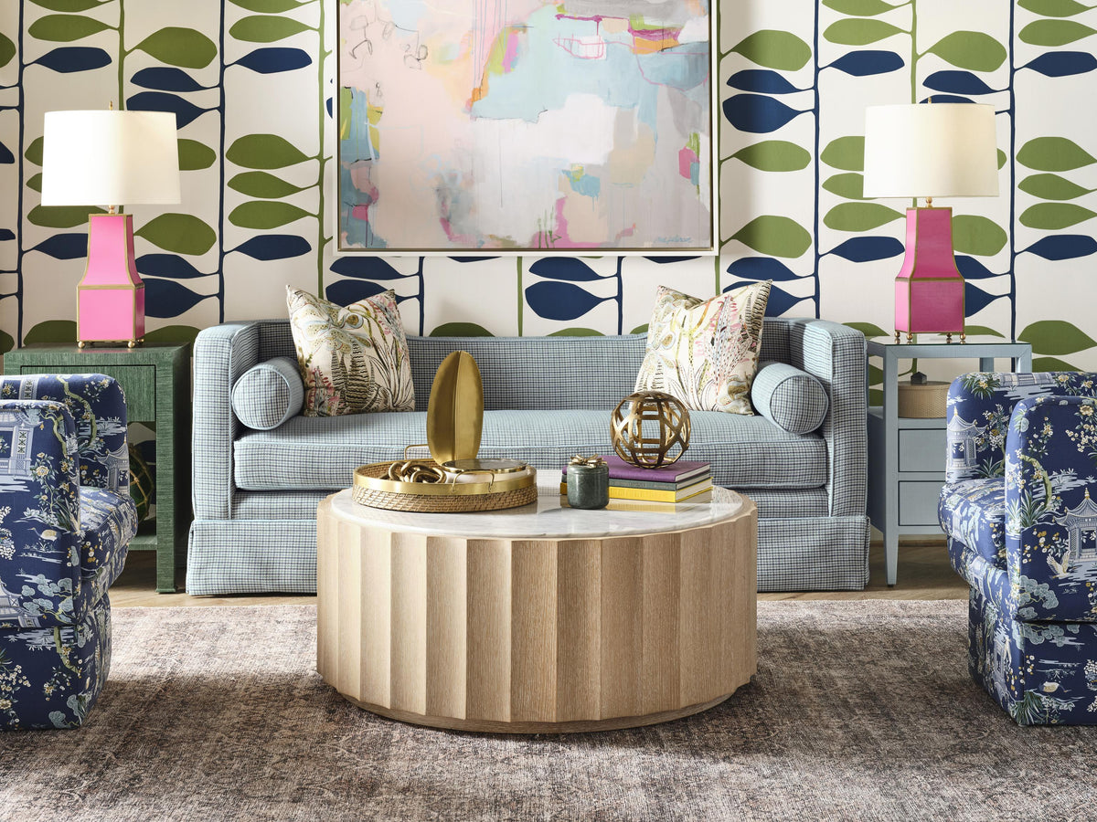 Worlds Away Round Coffee Table With Fluted Detail In Cerused Oak With White Carrara Marble Top