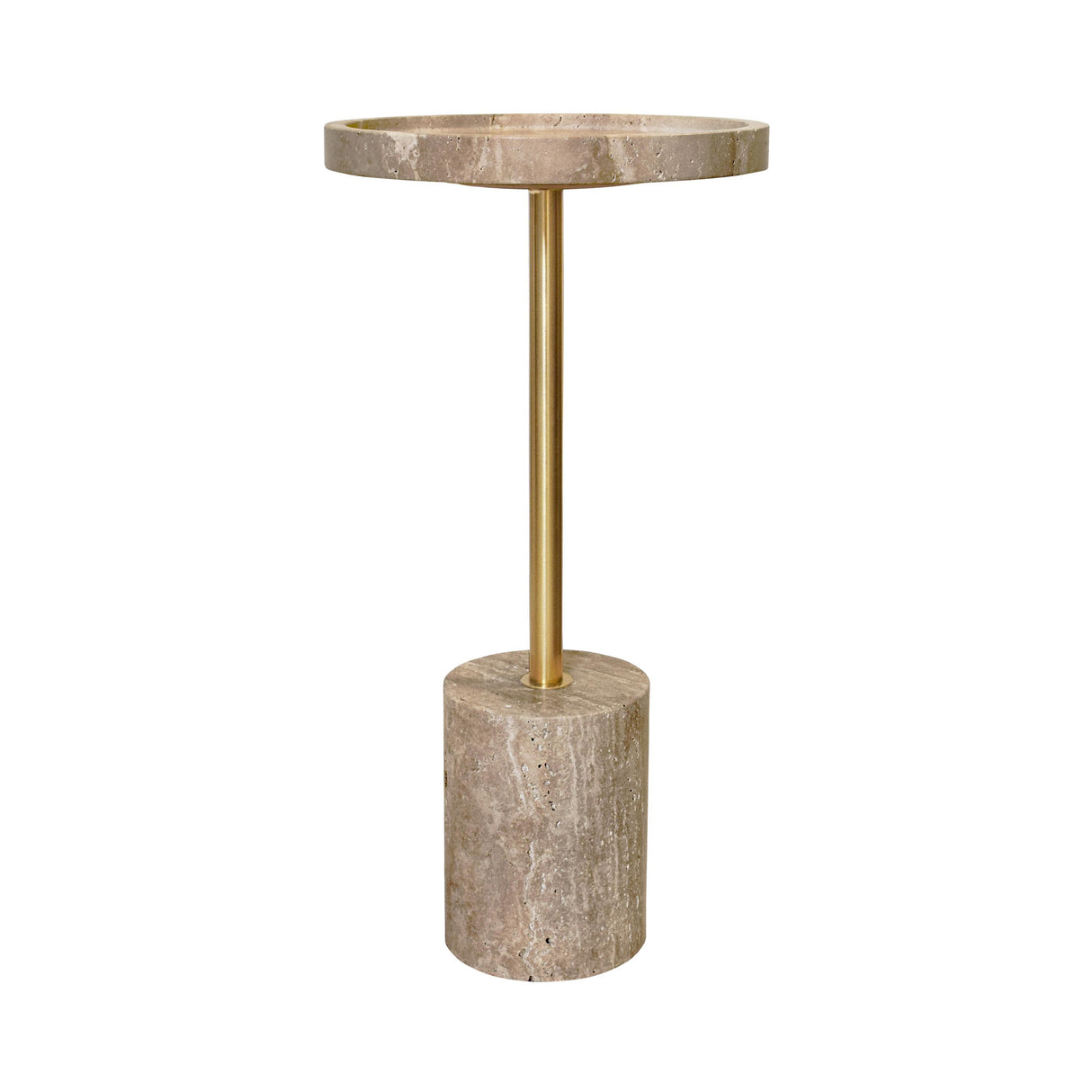Worlds Away Round Side Table In Travertine With Stainless Steel Pole.