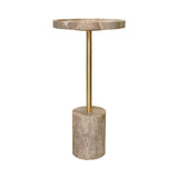 Worlds Away Round Side Table In Travertine With Stainless Steel Pole.