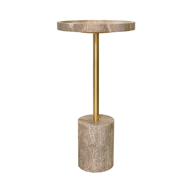 Worlds Away Round Side Table In Travertine With Stainless Steel Pole.