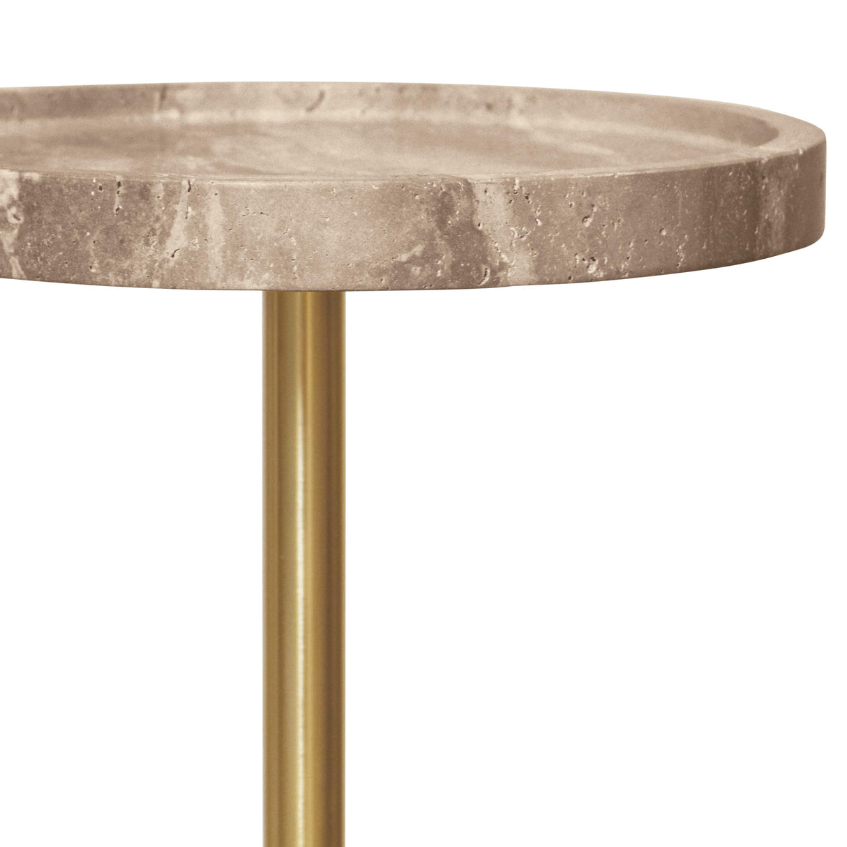 Worlds Away Round Side Table In Travertine With Stainless Steel Pole.