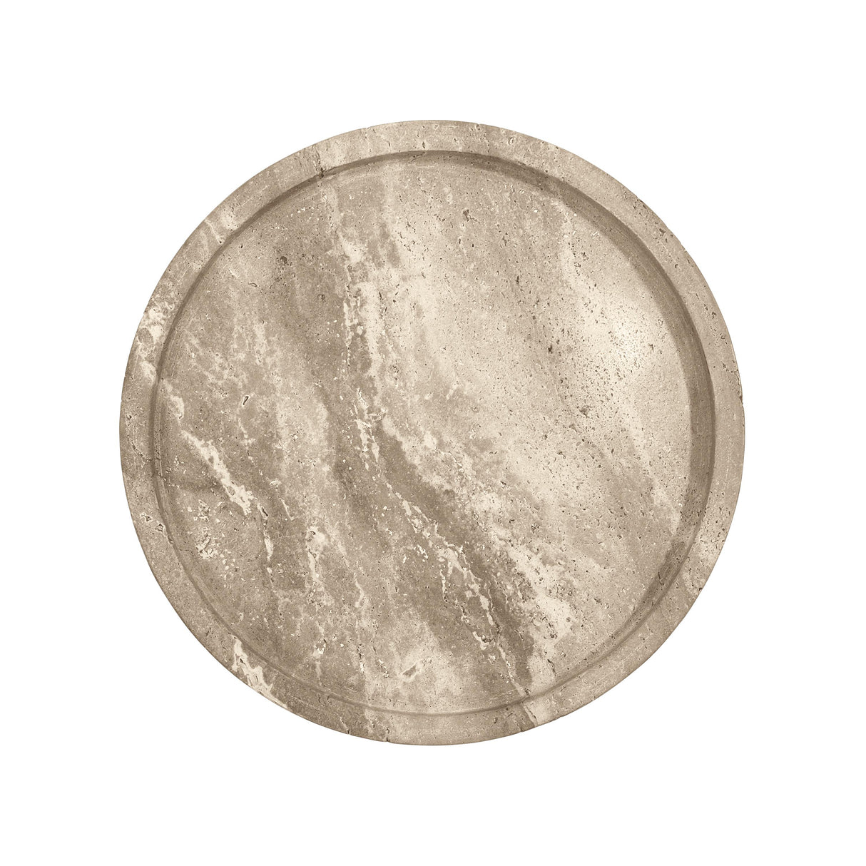 Worlds Away Round Side Table In Travertine With Stainless Steel Pole.