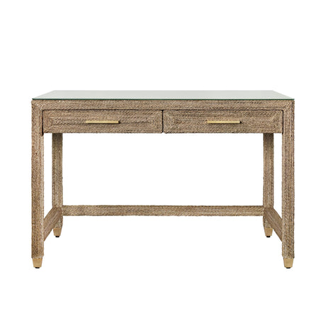 Worlds Away Two Drawer Desk In Wrapped Rope With Glass Top And Brass Foot Caps