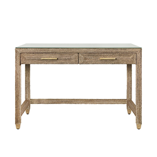 Worlds Away Two Drawer Desk In Wrapped Rope With Glass Top And Brass Foot Caps