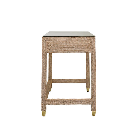 Worlds Away Two Drawer Desk In Wrapped Rope With Glass Top And Brass Foot Caps