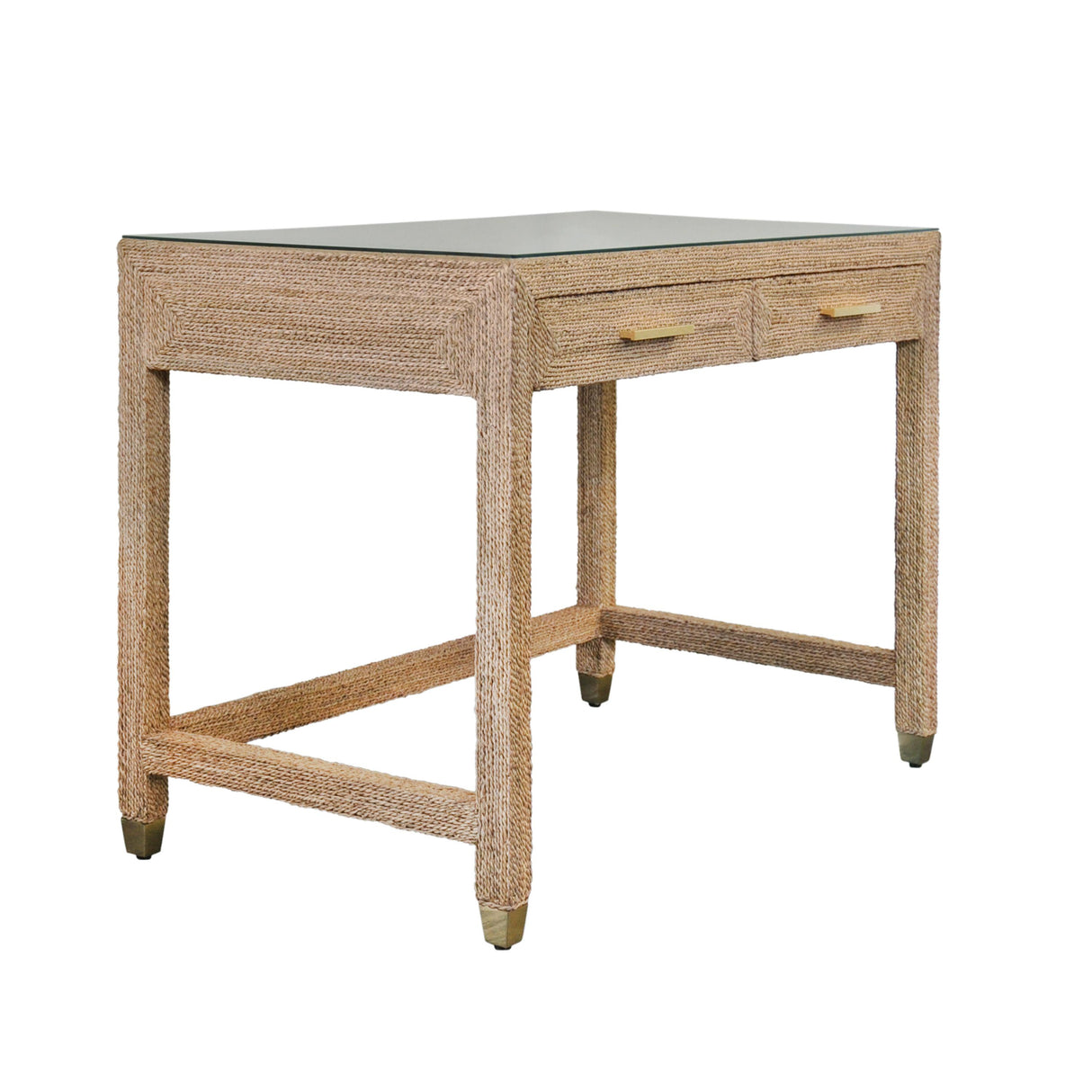 Worlds Away Two Drawer Desk In Wrapped Rope With Glass Top And Brass Foot Caps
