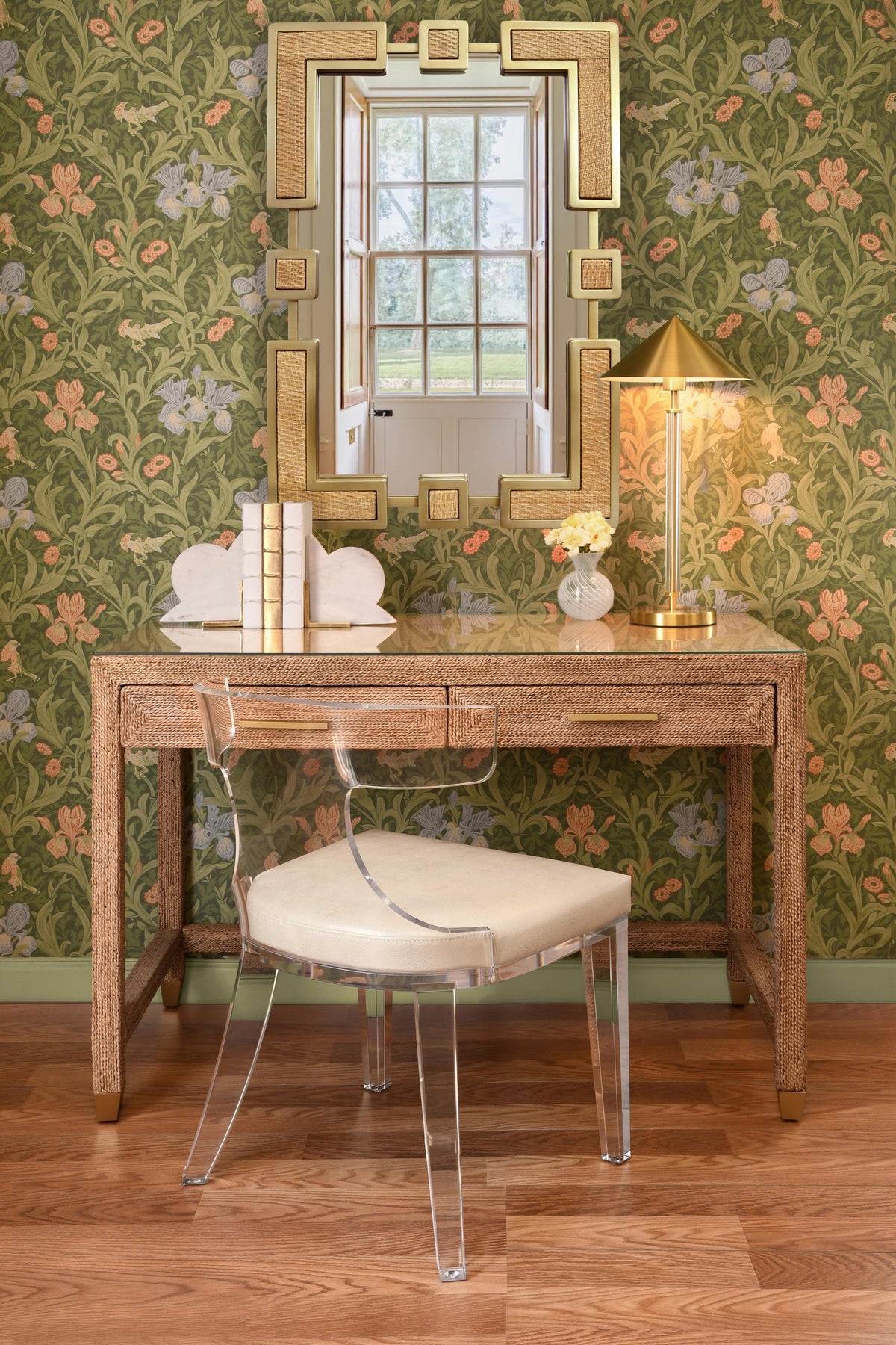 Worlds Away Two Drawer Desk In Wrapped Rope With Glass Top And Brass Foot Caps