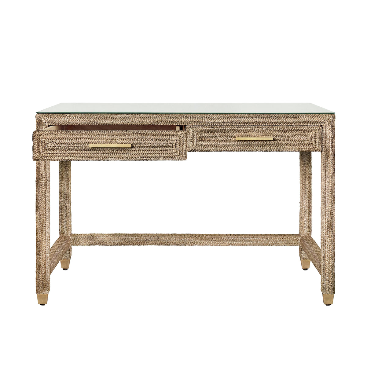 Worlds Away Two Drawer Desk In Wrapped Rope With Glass Top And Brass Foot Caps