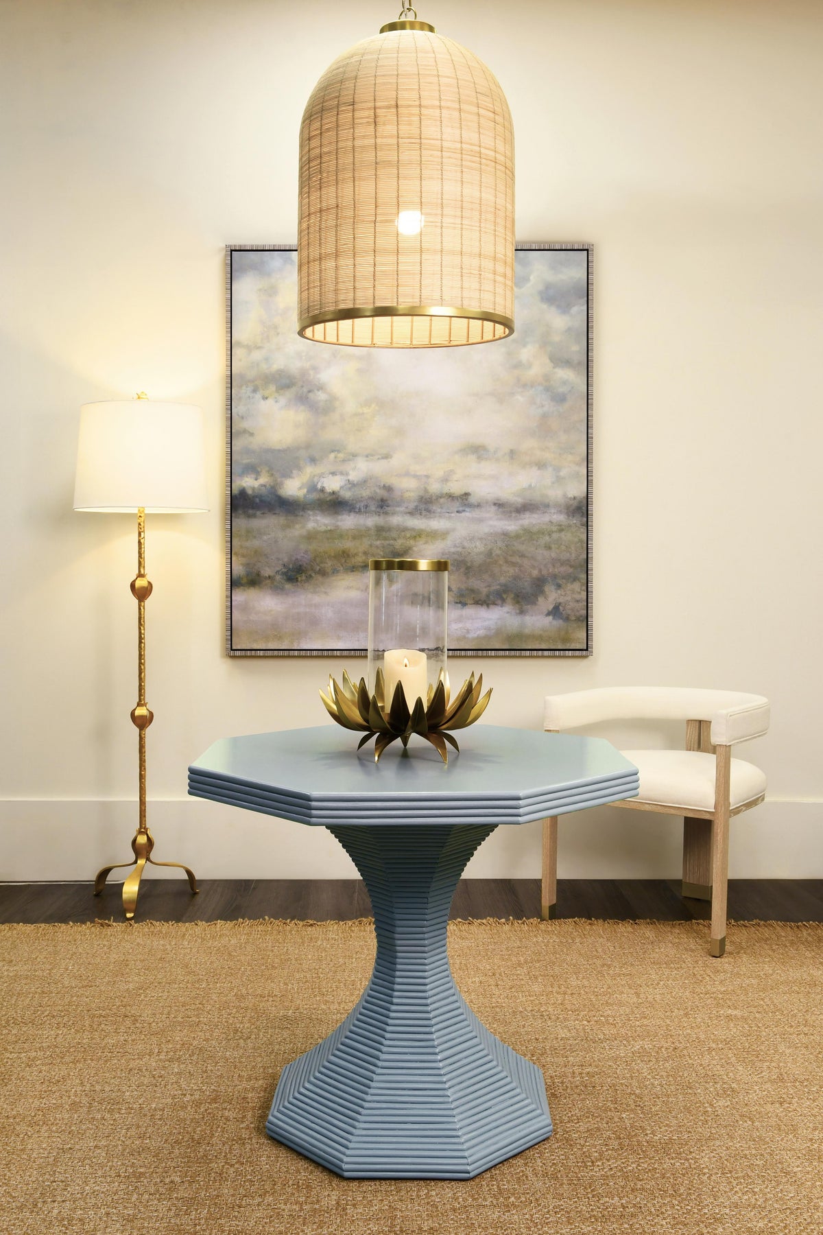 Worlds Away Octagonal Reeded Side Table In Painted Light Blue