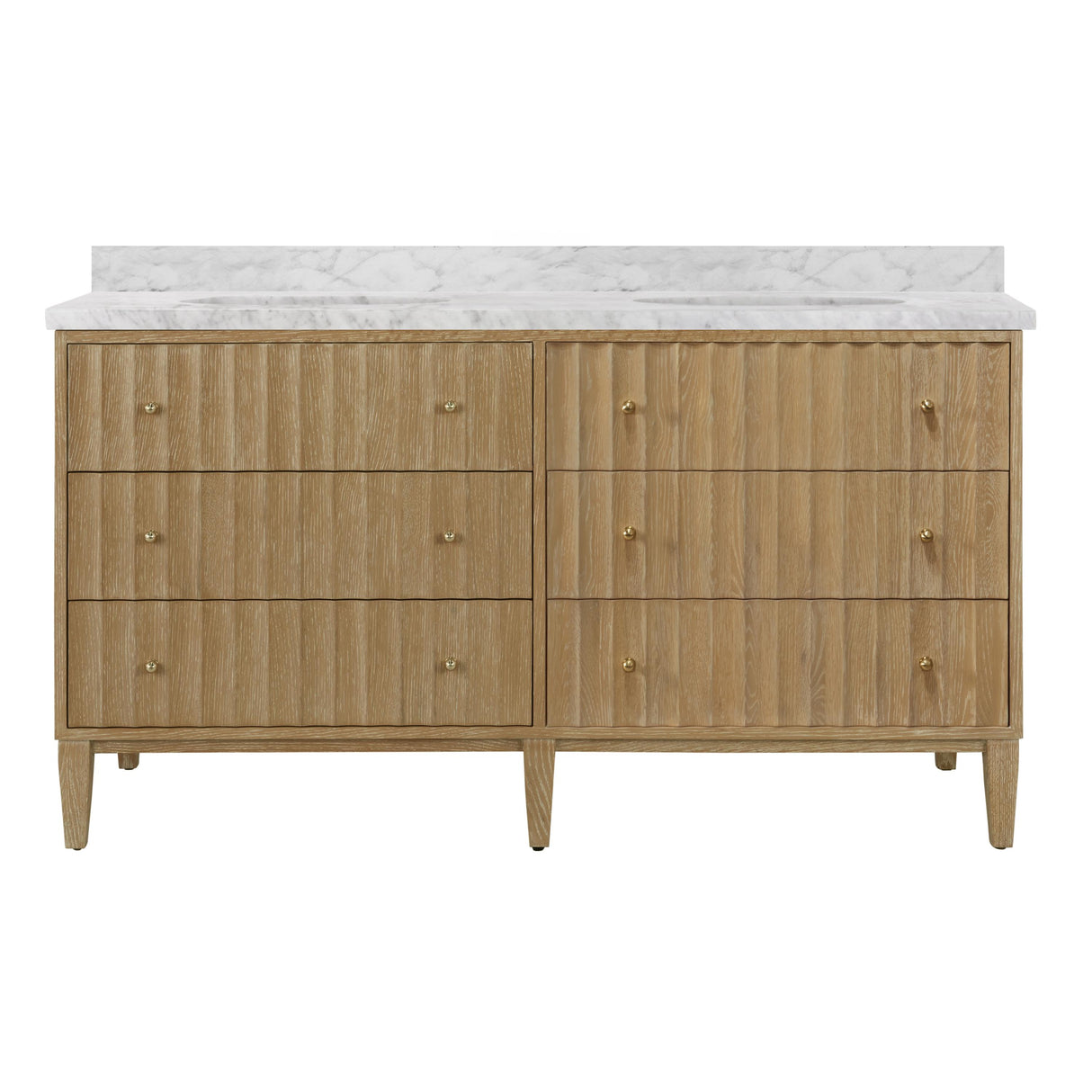 Worlds Away Bath Vanity With Vertical Fluted Detail On Drawers In Cerused Oak With White Marble Top, Double Porcelain Sinks, And Polished Brass Knobs, 60" Wide
