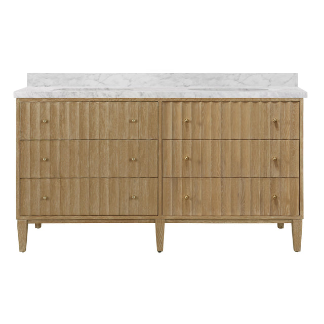 Worlds Away Bath Vanity With Vertical Fluted Detail On Drawers In Cerused Oak With White Marble Top, Double Porcelain Sinks, And Polished Brass Knobs, 60" Wide
