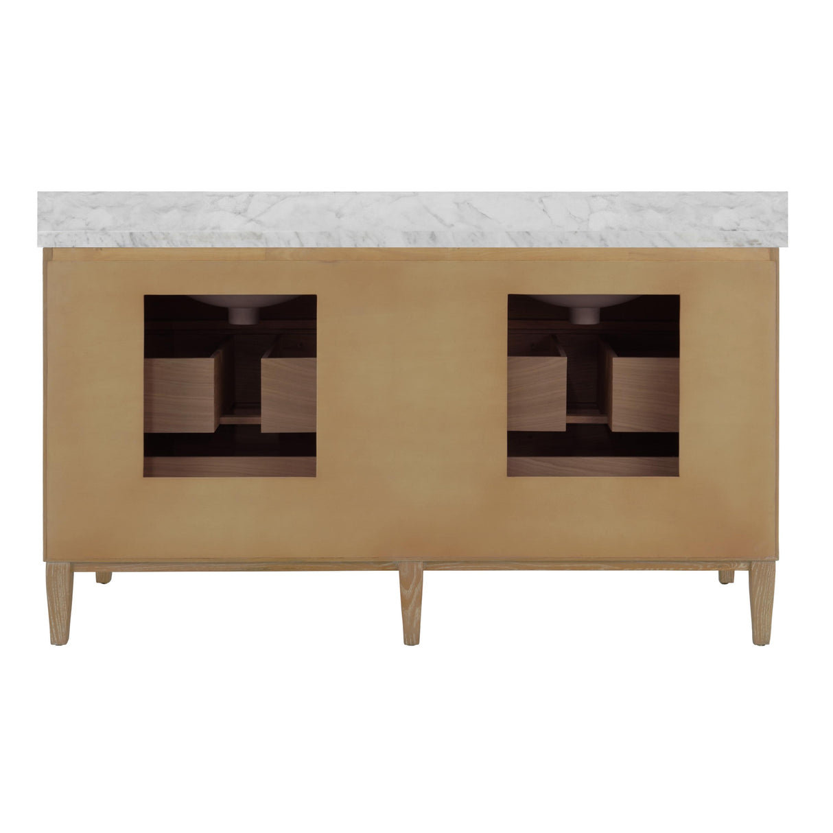 Worlds Away Bath Vanity With Vertical Fluted Detail On Drawers In Cerused Oak With White Marble Top, Double Porcelain Sinks, And Polished Brass Knobs, 60" Wide