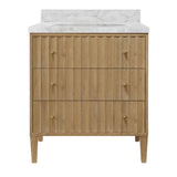 Worlds Away Bath Vanity With Vertical Fluted Detail On Drawers In Cerused Oak With White Marble Top, Porcelain Sink, And Polished Brass Knobs