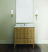 Worlds Away Bath Vanity With Vertical Fluted Detail On Drawers In Cerused Oak With White Marble Top, Porcelain Sink, And Polished Brass Knobs