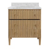 Worlds Away Bath Vanity With Vertical Fluted Detail On Drawers In Cerused Oak With White Marble Top, Porcelain Sink, And Polished Brass Knobs