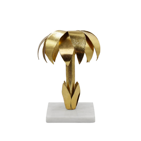 Worlds Away Iron Palm Tree Candle Holder In Gold Leaf Finish On White Marble Base