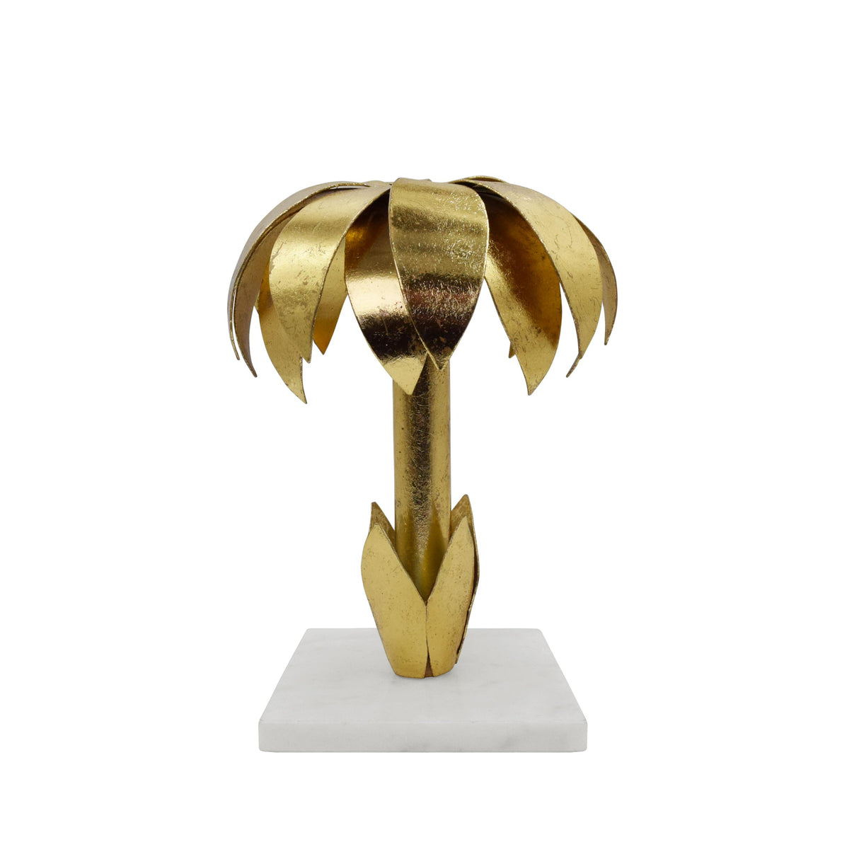 Worlds Away Iron Palm Tree Candle Holder In Gold Leaf Finish On White Marble Base