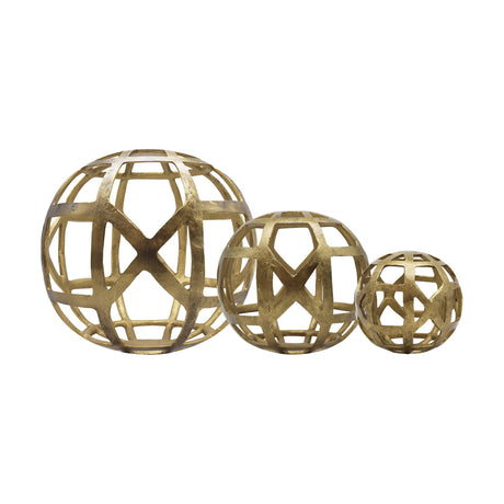 Worlds Away Large Round Metal Ball With Geo Cutouts In Textured Brass