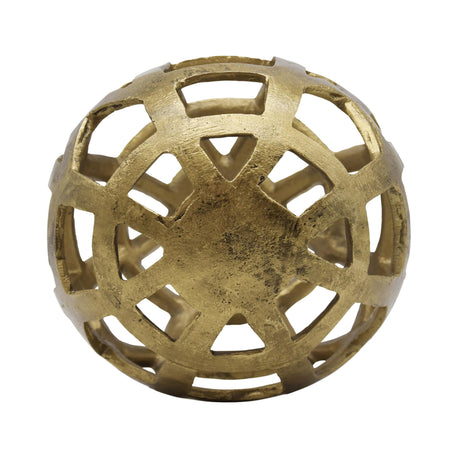 Worlds Away Large Round Metal Ball With Geo Cutouts In Textured Brass