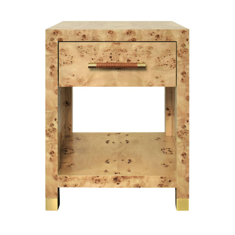 Worlds Away One Drawer Side Table With Rattan Wrapped Handle In Burl Wood