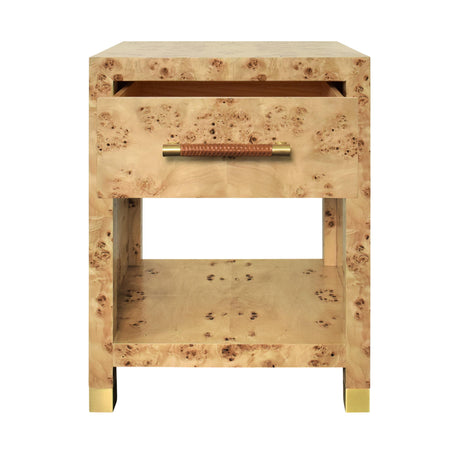 Worlds Away One Drawer Side Table With Rattan Wrapped Handle In Burl Wood