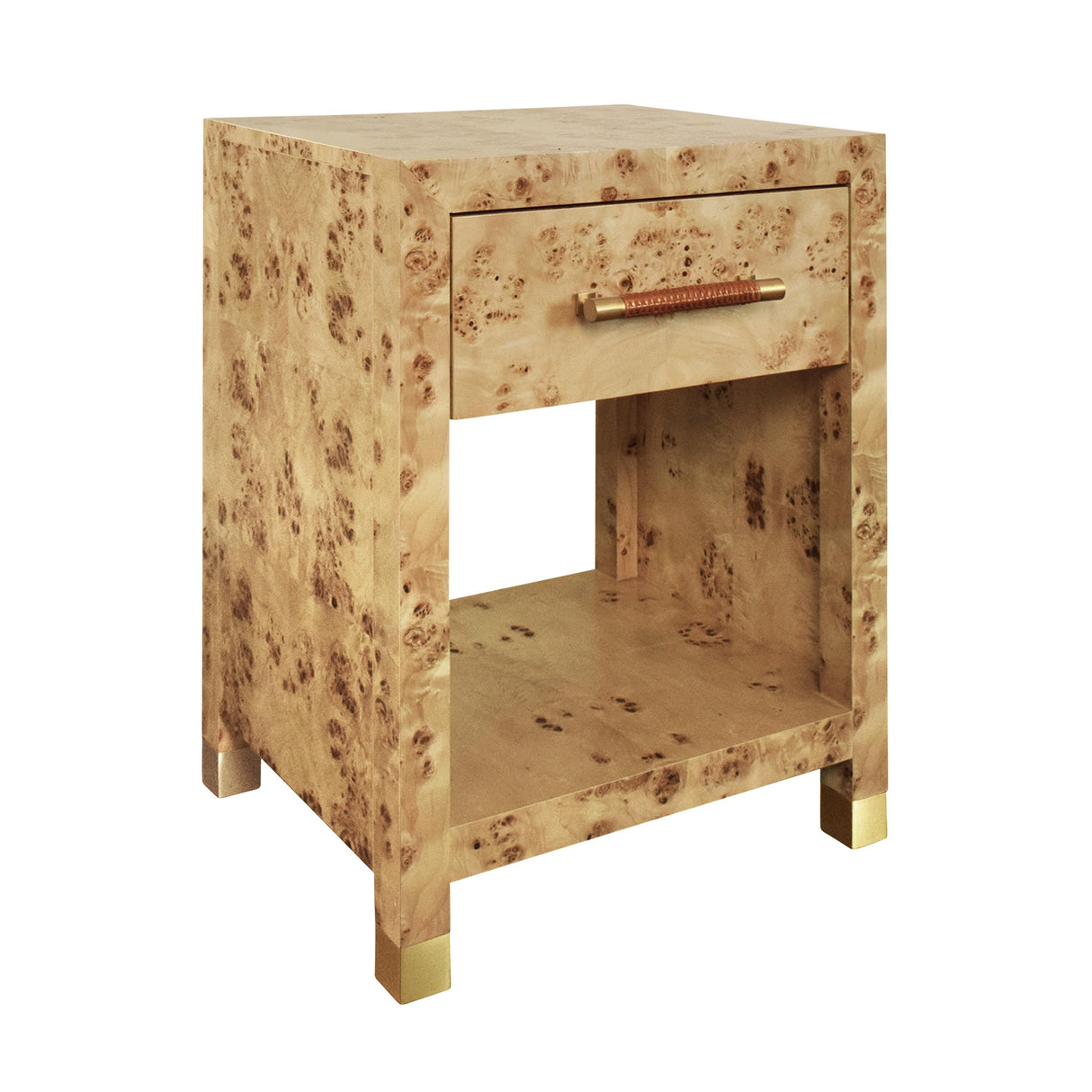 Worlds Away One Drawer Side Table With Rattan Wrapped Handle In Burl Wood