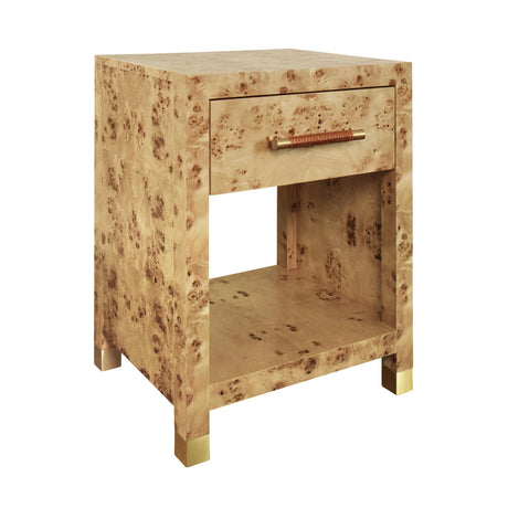 Worlds Away One Drawer Side Table With Rattan Wrapped Handle In Burl Wood