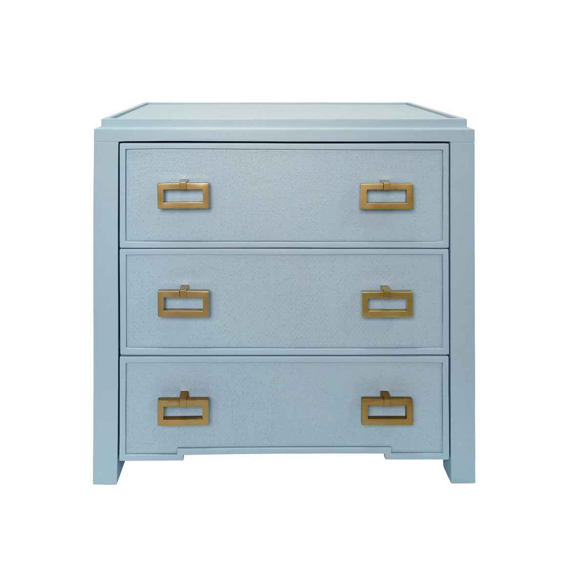 Worlds Away Three Drawer Side Table With Matte Light Blue Frame And Light Blue Grasscloth Drawer Fronts