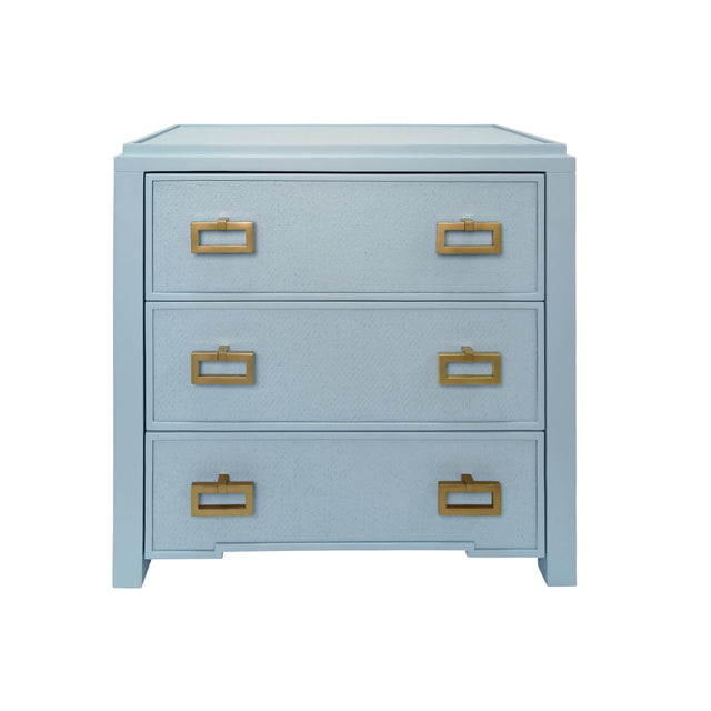 Worlds Away Three Drawer Side Table With Matte Light Blue Frame And Light Blue Grasscloth Drawer Fronts