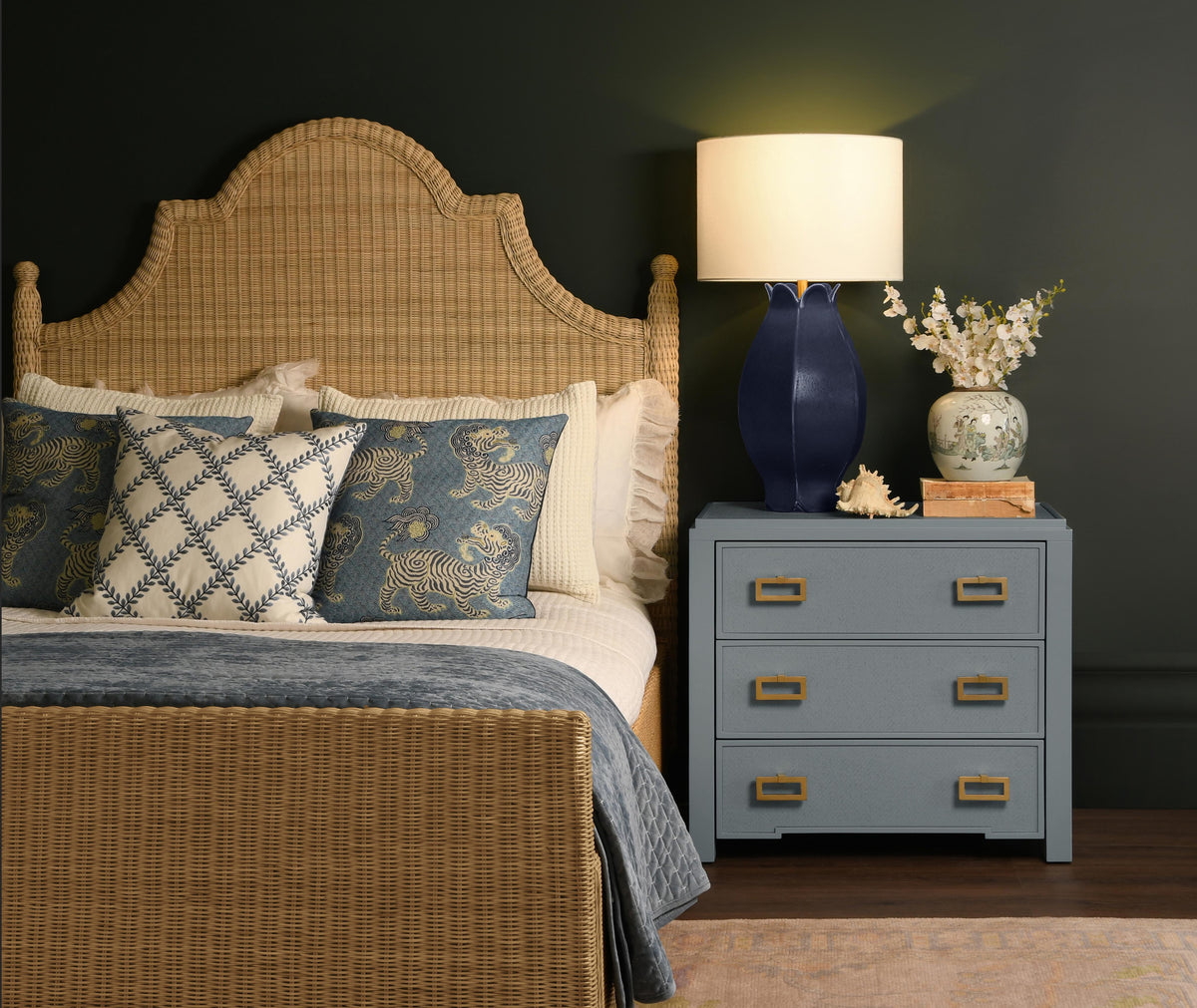 Worlds Away Three Drawer Side Table With Matte Light Blue Frame And Light Blue Grasscloth Drawer Fronts