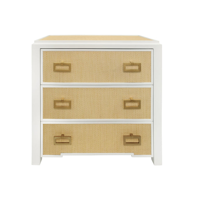 Worlds Away Three Drawer Side Table With Matte White Lacquer Frame And Natural Grasscloth Drawer Fronts