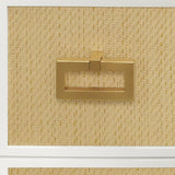 Worlds Away Three Drawer Side Table With Matte White Lacquer Frame And Natural Grasscloth Drawer Fronts