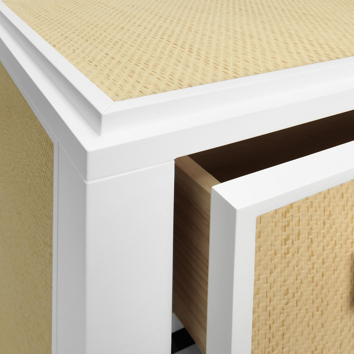 Worlds Away Three Drawer Side Table With Matte White Lacquer Frame And Natural Grasscloth Drawer Fronts