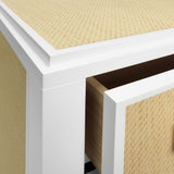 Worlds Away Three Drawer Side Table With Matte White Lacquer Frame And Natural Grasscloth Drawer Fronts