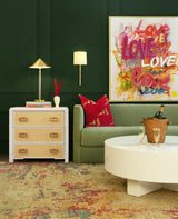 Worlds Away Three Drawer Side Table With Matte White Lacquer Frame And Natural Grasscloth Drawer Fronts