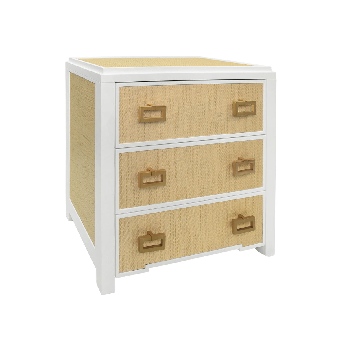 Worlds Away Three Drawer Side Table With Matte White Lacquer Frame And Natural Grasscloth Drawer Fronts
