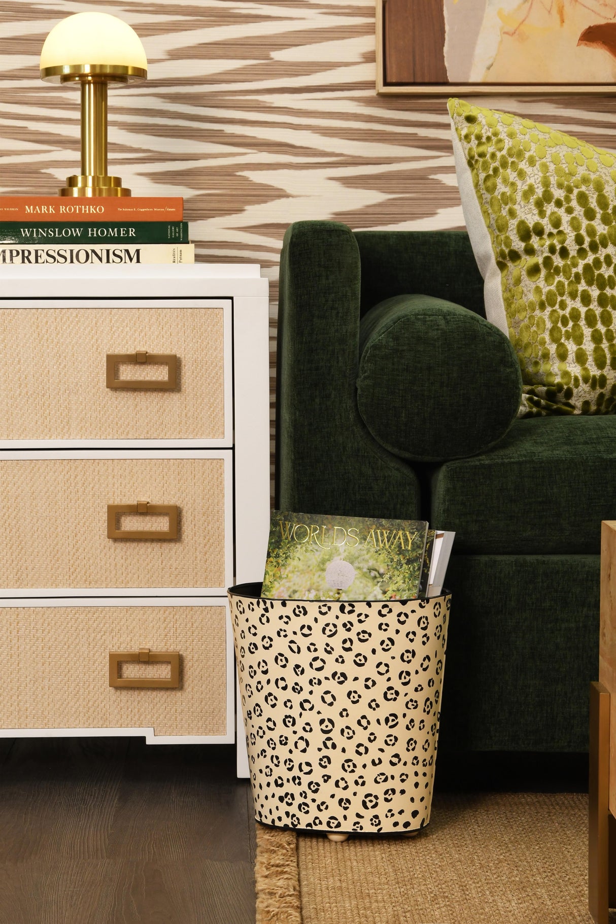 Worlds Away Three Drawer Side Table With Matte White Lacquer Frame And Natural Grasscloth Drawer Fronts