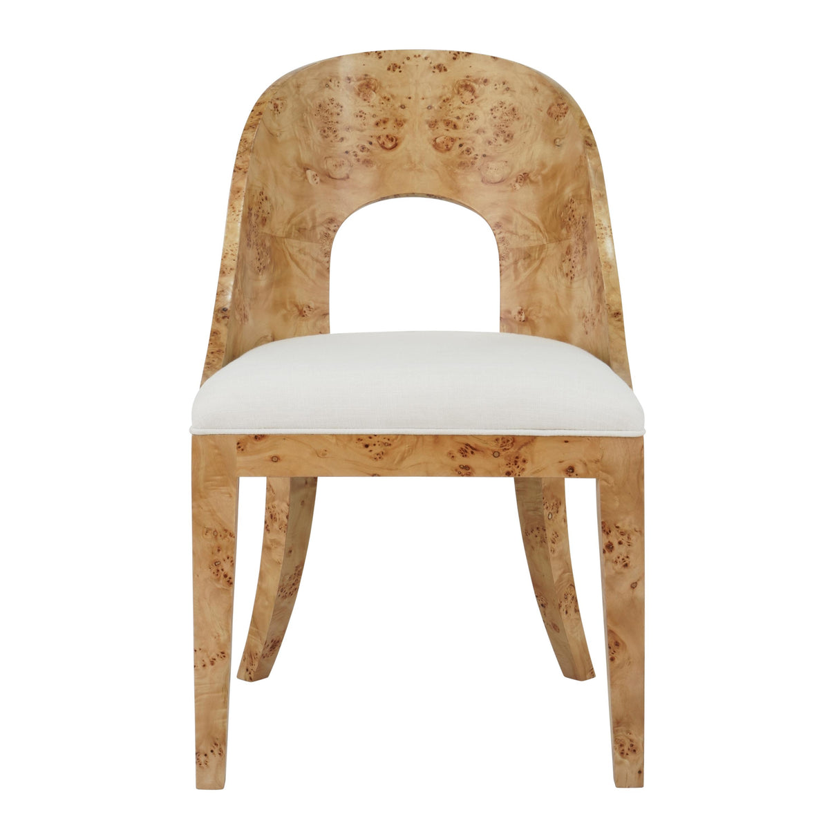 Worlds Away Curved Back Wooden Dining Chair In Burl Wood With Performance White Linen Upholstery