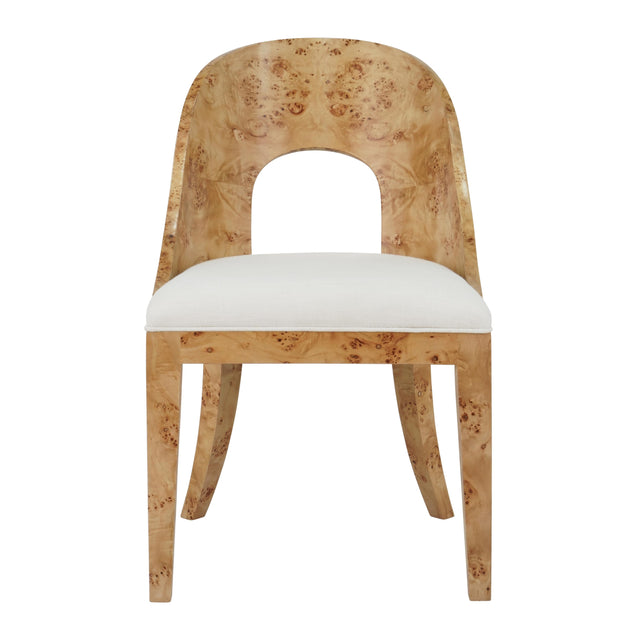 Worlds Away Curved Back Wooden Dining Chair In Burl Wood With Performance White Linen Upholstery