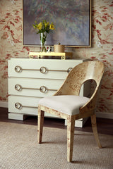 Worlds Away Curved Back Wooden Dining Chair In Burl Wood With Performance White Linen Upholstery