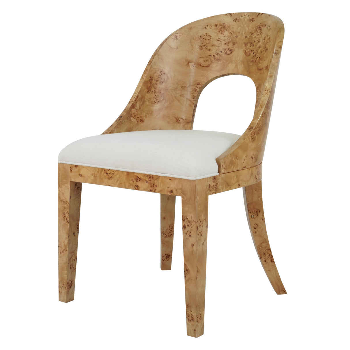 Worlds Away Curved Back Wooden Dining Chair In Burl Wood With Performance White Linen Upholstery