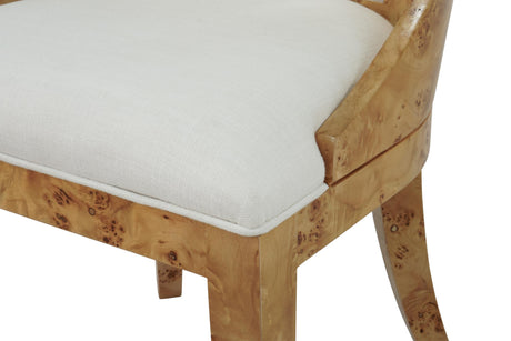 Worlds Away Curved Back Wooden Dining Chair In Burl Wood With Performance White Linen Upholstery
