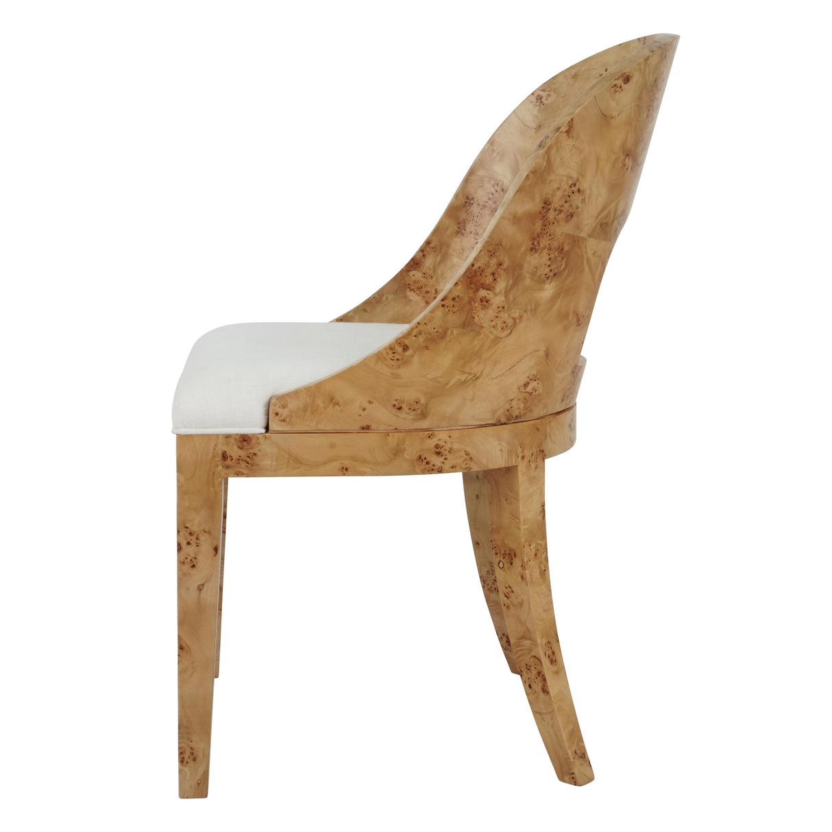 Worlds Away Curved Back Wooden Dining Chair In Burl Wood With Performance White Linen Upholstery