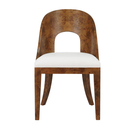 Worlds Away Curved Back Wooden Dining Chair In Dark Burl Wood With Performance White Linen Upholstery