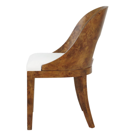 Worlds Away Curved Back Wooden Dining Chair In Dark Burl Wood With Performance White Linen Upholstery