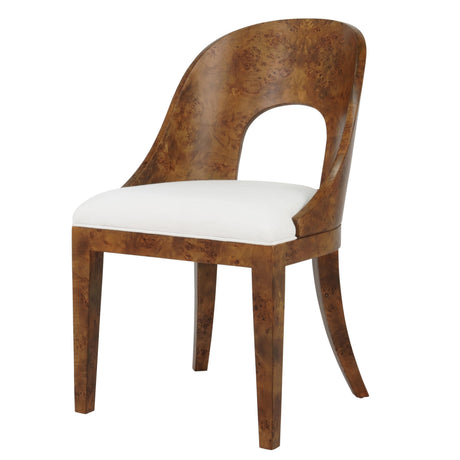 Worlds Away Curved Back Wooden Dining Chair In Dark Burl Wood With Performance White Linen Upholstery