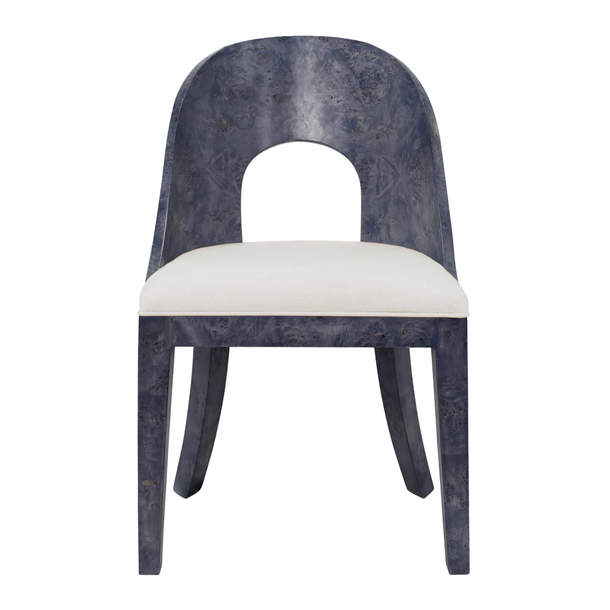 Worlds Away Curved Back Wooden Dining Chair In Navy Burl Wood With Permormance White Linen Upholstery