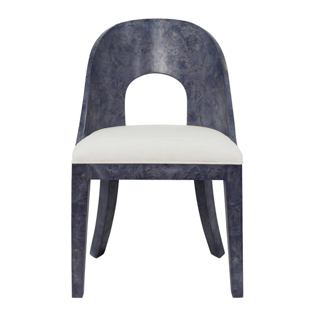 Worlds Away Curved Back Wooden Dining Chair In Navy Burl Wood With Permormance White Linen Upholstery