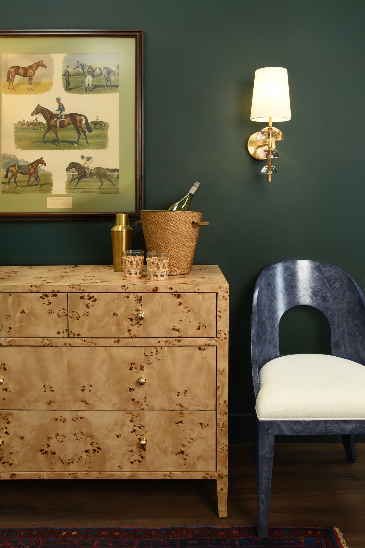 Worlds Away Curved Back Wooden Dining Chair In Navy Burl Wood With Permormance White Linen Upholstery